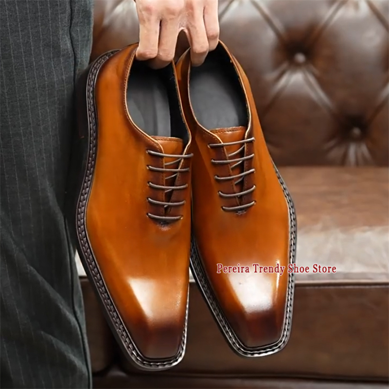 Men'S Grooming Oxford - メンズビジネスドレスシューズスクエアトゥ本革手作りオックスフォードシューズ英国スタイルのクラシック結婚式新郎靴大きいサイズ