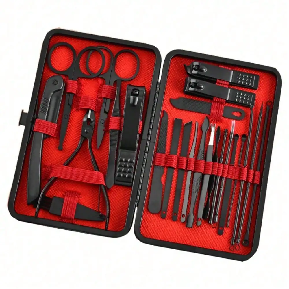 Nail Care Kit Mens - 8/24個入りプロフェッショナルマニキュアセット＆ペディキュアキット、プレミアムブラックステンレススチールネイルクリッパーグルーミングキット、男性と女性のためのポータブルトラベルケース付きの包括的なフェイシャル＆フットケアツール